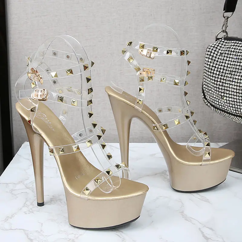 Women Sandals 2021 New Fashion Transparent Rivet High Heels Sexy Open Toe Party Club Ladies Buckle Straps Summer Stiletto Shoes