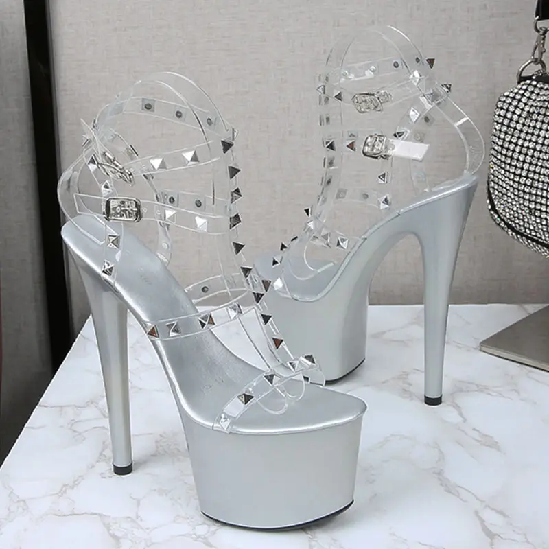 Women Sandals 2021 New Fashion Transparent Rivet High Heels Sexy Open Toe Party Club Ladies Buckle Straps Summer Stiletto Shoes