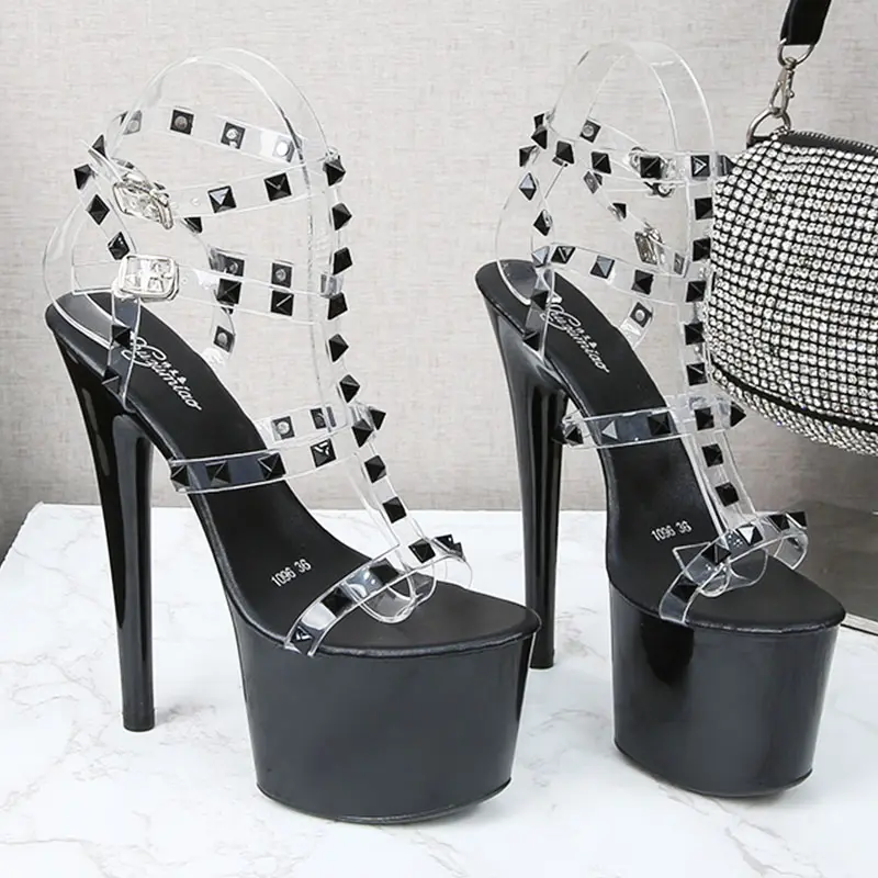 Women Sandals 2021 New Fashion Transparent Rivet High Heels Sexy Open Toe Party Club Ladies Buckle Straps Summer Stiletto Shoes
