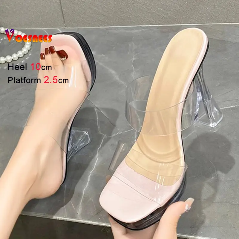 Summer High heels Slippers Women's Waterproof Platform Sandals Transparent Band Fashion Slippers Thick Heels 10CM Casual Shoes