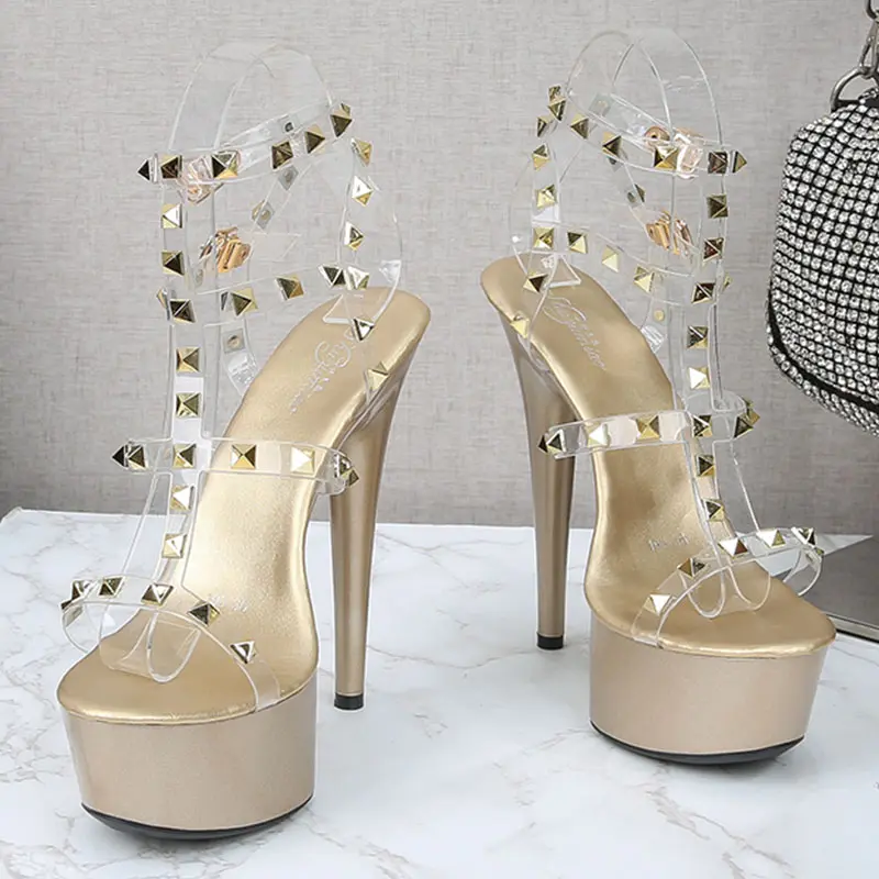 Women Sandals 2021 New Fashion Transparent Rivet High Heels Sexy Open Toe Party Club Ladies Buckle Straps Summer Stiletto Shoes