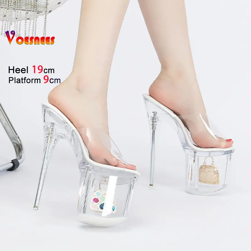 Transparent PVC Women Shoes Metal rhinestone Bag decoration Summer Nightclub Clear High Heel Slippers Model Catwalk Sandals 19CM