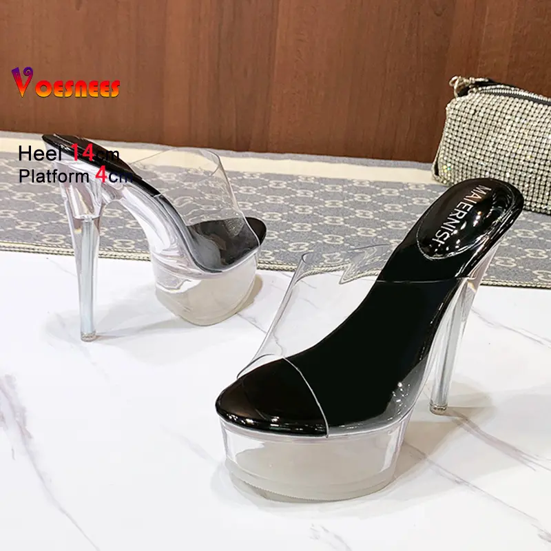 Women Platform Sandals Summer PVC Sexy Party Slippers For Ladies Transparent Perspex 14CM Thin High Heels Model Catwalk Shoes