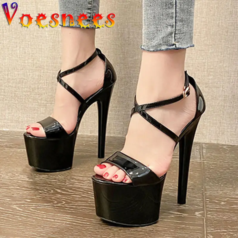 Voesnees Women Sandals 2021 Fashion Nightclub Catwalk Models Stiletto Shoes Sexy Cross Button Platform High Heels Club Girls