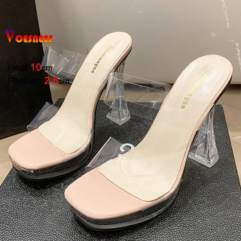 Summer High heels Slippers Women's Waterproof Platform Sandals Transparent Band Fashion Slippers Thick Heels 10CM Casual Shoes