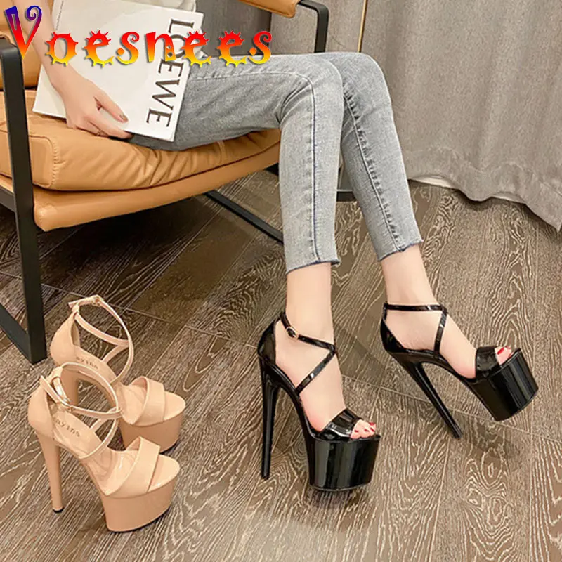 Voesnees Women Sandals 2021 Fashion Nightclub Catwalk Models Stiletto Shoes Sexy Cross Button Platform High Heels Club Girls