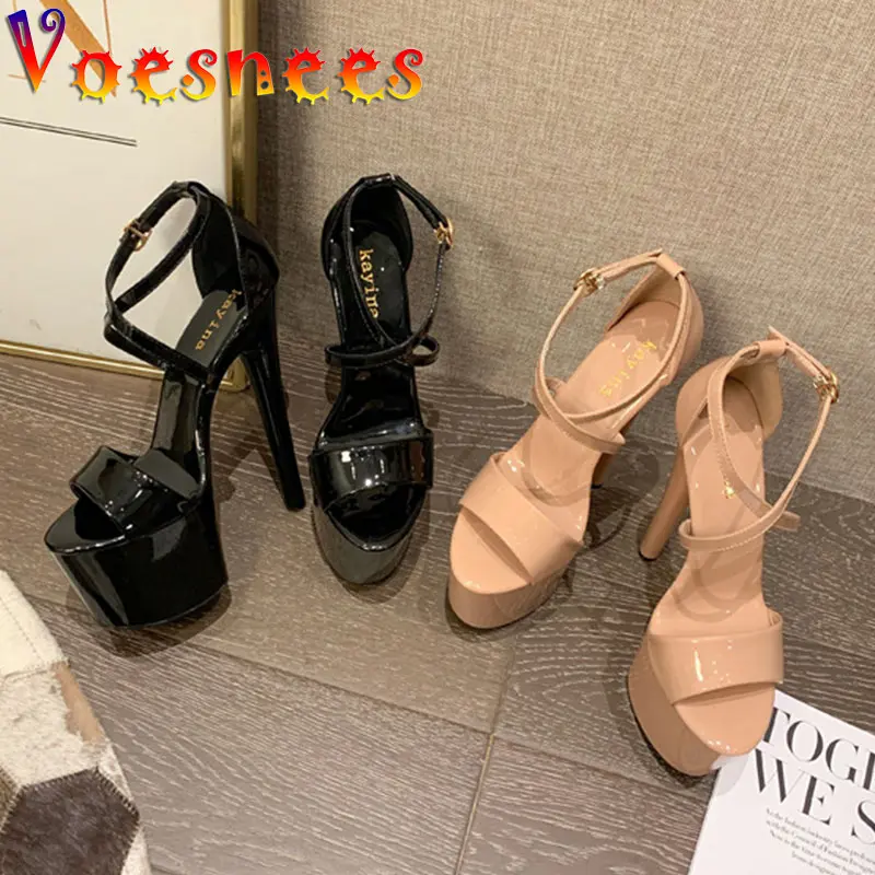 Voesnees Women Sandals 2021 Fashion Nightclub Catwalk Models Stiletto Shoes Sexy Cross Button Platform High Heels Club Girls
