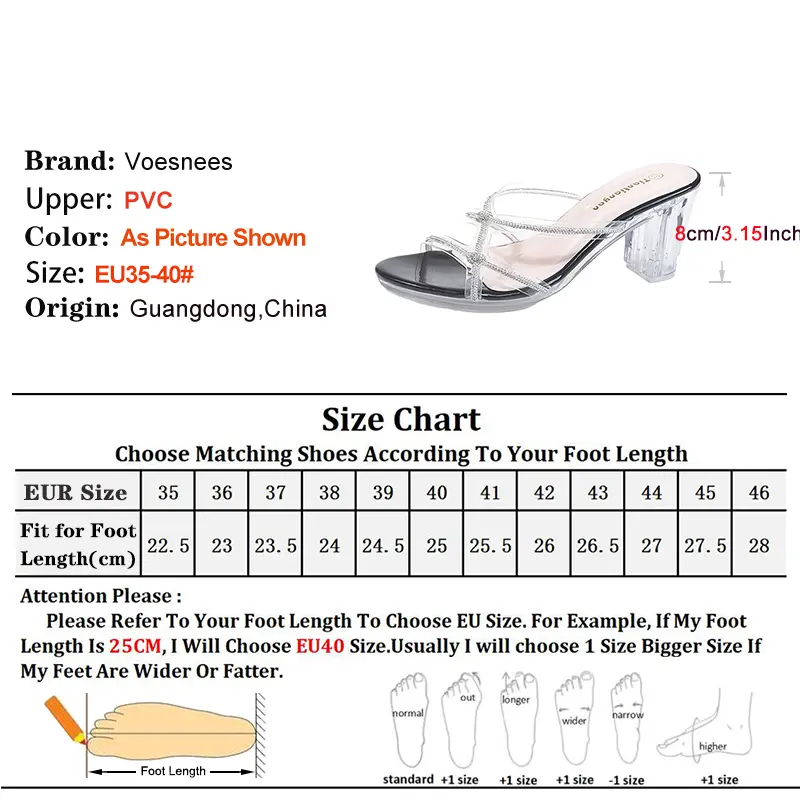 8CM Clear Block Heel Luxury Rhinestone Slippers Women Summer Slip on High Heels Transparent PVC Flash Drill Sandals Lady Shoes