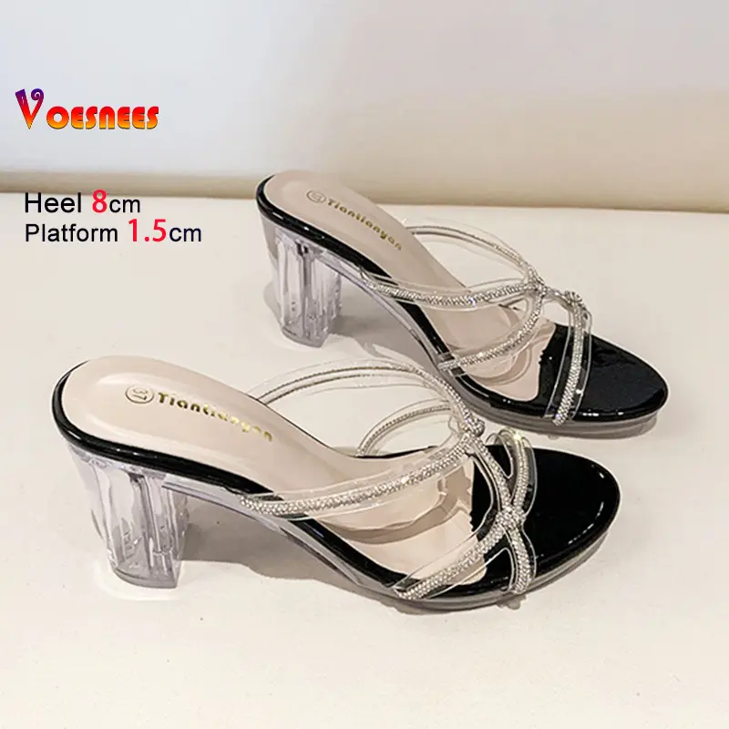 8CM Clear Block Heel Luxury Rhinestone Slippers Women Summer Slip on High Heels Transparent PVC Flash Drill Sandals Lady Shoes