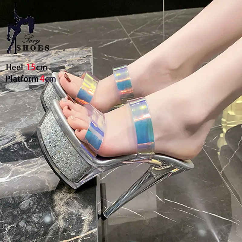 15CM Silvery Slippers European And American Style Platform Sandals Laser Color-Changing Night Club Women Shoes Summer High Heels