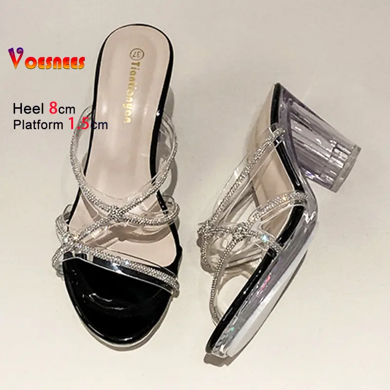 8CM Clear Block Heel Luxury Rhinestone Slippers Women Summer Slip on High Heels Transparent PVC Flash Drill Sandals Lady Shoes