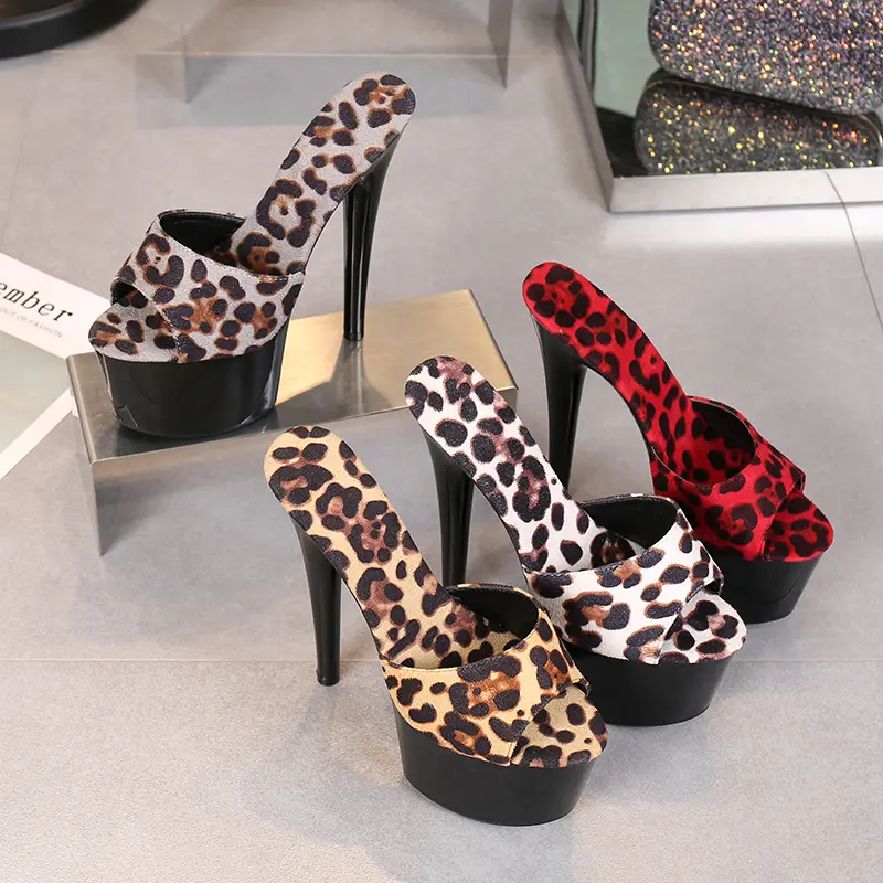 Shoes New Leopard Print Woman Slippers Sandals Platform 2020 Nightclub Sexy High-heeled 15cm Shoes Slippers Heels Waterproof