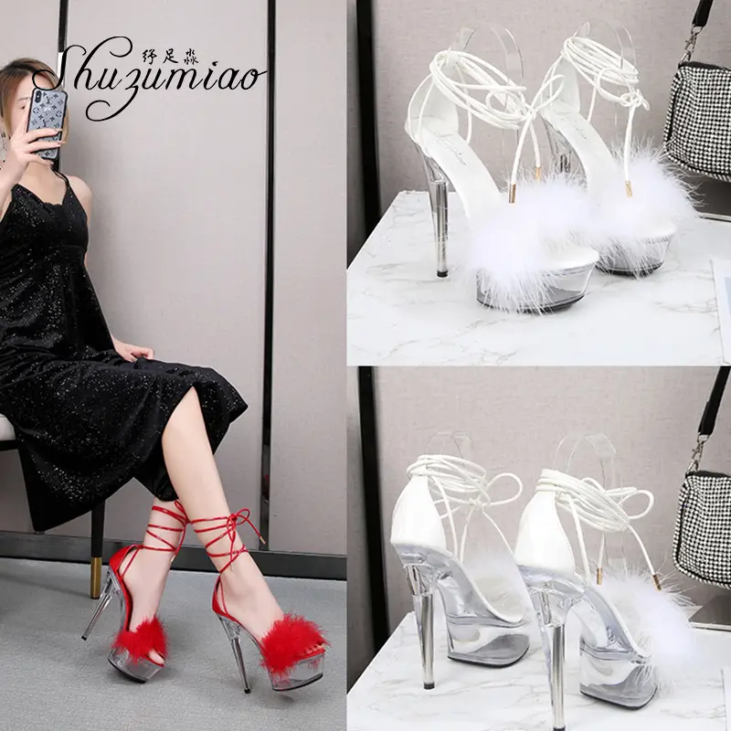 Shuzumiao Women's Sandals 2021 Summer New Waterproof Platform Transparent Fur High Heels Cross Straps Thin Heel Pole Dance Shoes