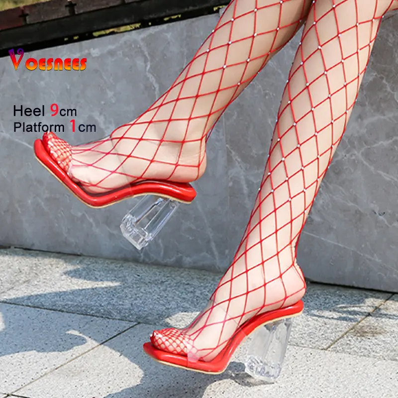 Square Toe Sandals Slides 9CM Chunk Heeled Clear Heels Summer Plus Size 46 Fashion Outdoors Shoes Women PVC Transparent Slippers