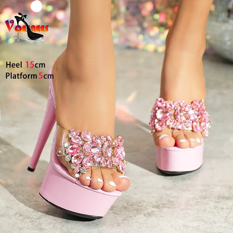 2025 Summer Women Platform Sandals Luxury Diamond Party Dress Shoes 13CM 15CM PVC Crystal High Heels Size 43 Slippers For Lady