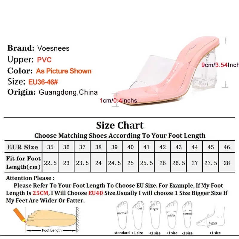 Square Toe Sandals Slides 9CM Chunk Heeled Clear Heels Summer Plus Size 46 Fashion Outdoors Shoes Women PVC Transparent Slippers
