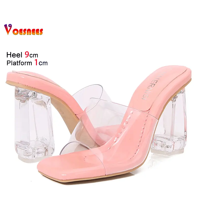 Square Toe Sandals Slides 9CM Chunk Heeled Clear Heels Summer Plus Size 46 Fashion Outdoors Shoes Women PVC Transparent Slippers