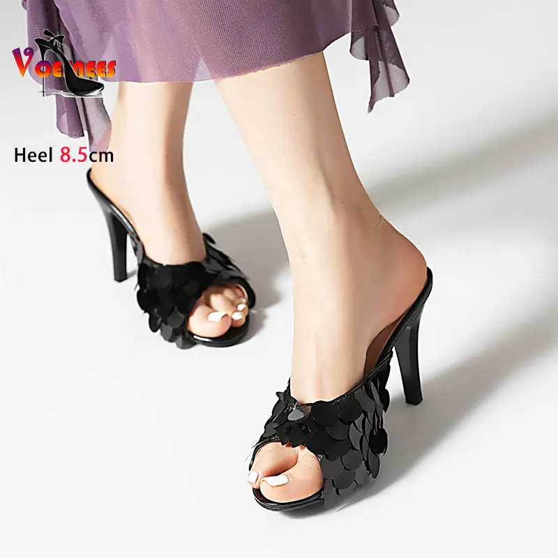 Sequin Slippers Women Stiletto Nightclub Glitter Sandals Plus Size 46 Elegant Female Slides High Hels Summer Ladies Party Shoes