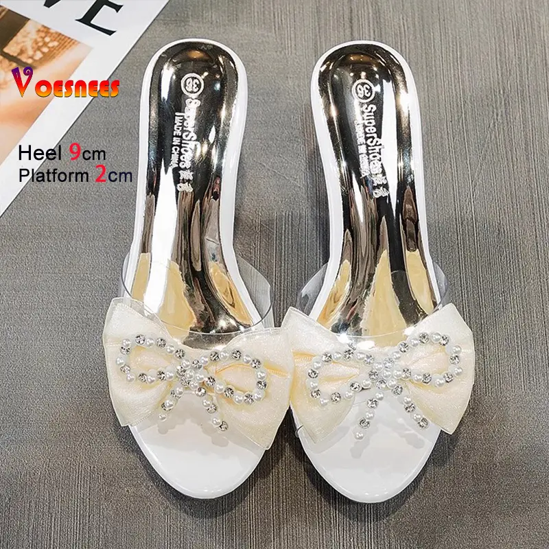 Transparent PVC Slippers For Lady 9CM Rhinestone Sandals 2025 New Sweet Bowknot Sexy Thin High Heels Summer Slip-on Women Shoes