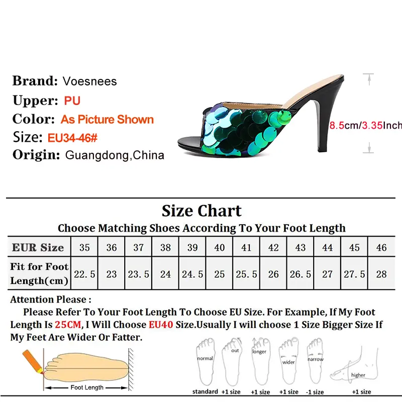 Sequin Slippers Women Stiletto Nightclub Glitter Sandals Plus Size 46 Elegant Female Slides High Hels Summer Ladies Party Shoes