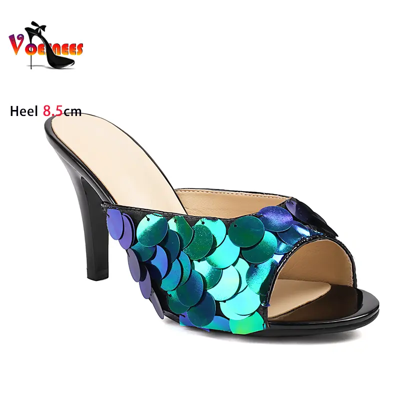 Sequin Slippers Women Stiletto Nightclub Glitter Sandals Plus Size 46 Elegant Female Slides High Hels Summer Ladies Party Shoes