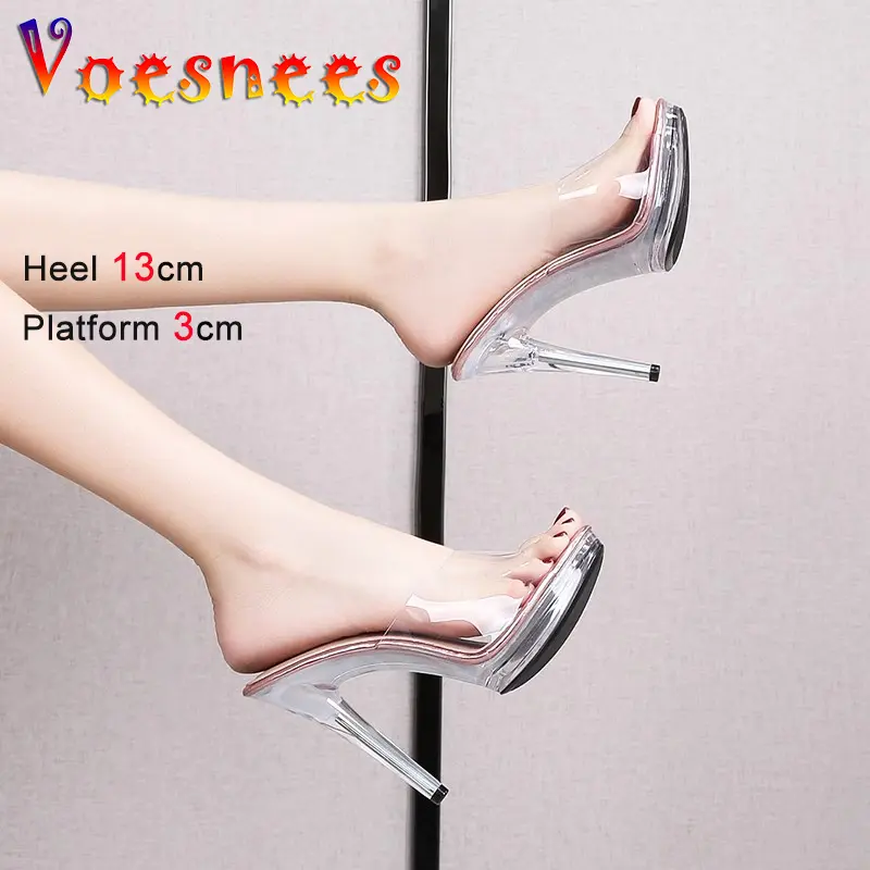 13CM Transparent Sandals Outdoor Modern Slippers For Women 2024 Summer New CRYSTAL Thin Heels Sexy Girls' Party Shoes High Heels