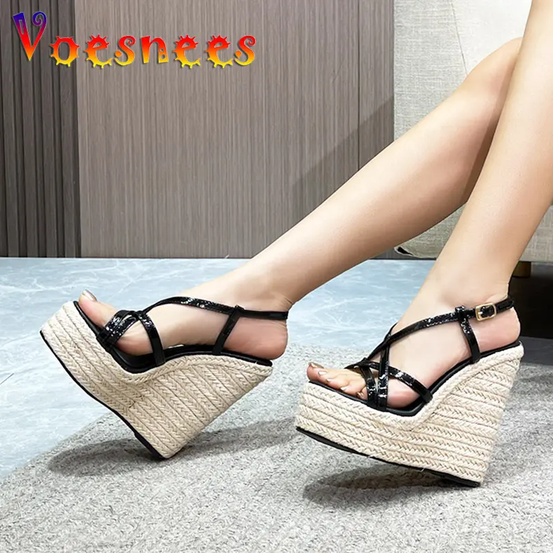 2023 New Wedges Slippers Summer Thin Band High Heels Fashion Weave Women Shoes 6CM Straw Rope Waterproof Platform Sexy Sandals
