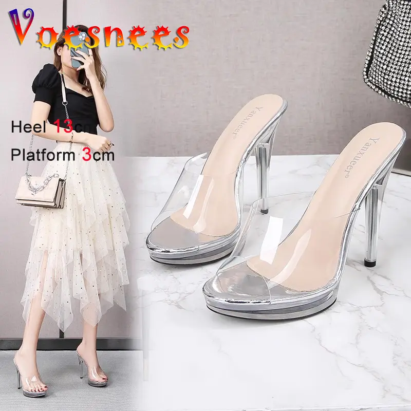 13CM Transparent Sandals Outdoor Modern Slippers For Women 2024 Summer New CRYSTAL Thin Heels Sexy Girls' Party Shoes High Heels