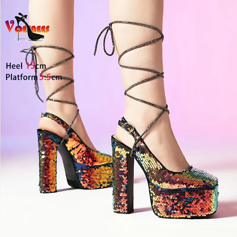 Square Toe Platform Party Shoes For Women Shiny Sequin 15CM Block Heels 2024 Summer Stage Lace up High Heels Nightclub Sandals