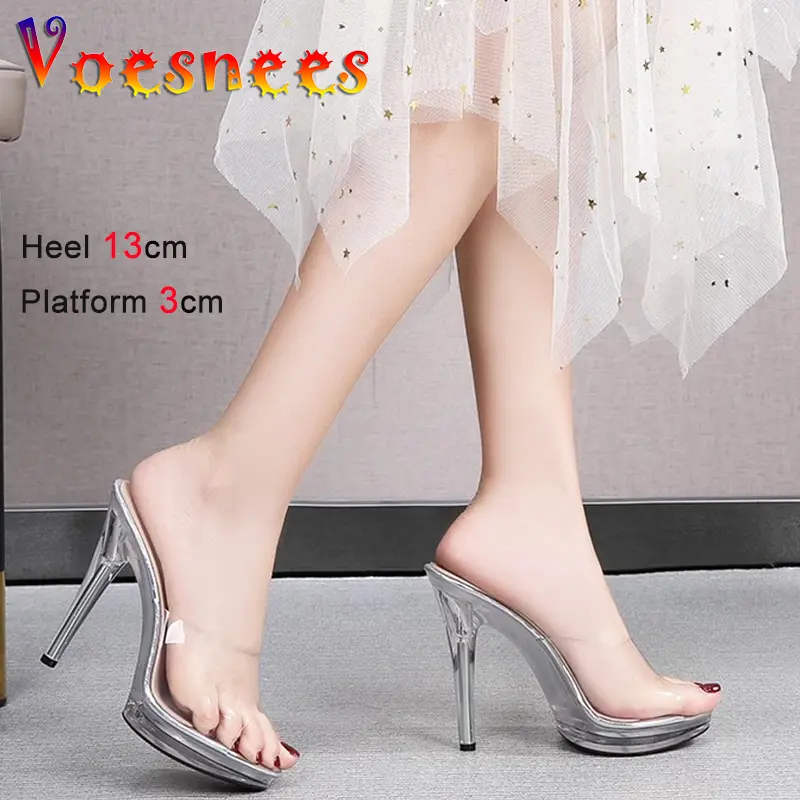 13CM Transparent Sandals Outdoor Modern Slippers For Women 2024 Summer New CRYSTAL Thin Heels Sexy Girls' Party Shoes High Heels