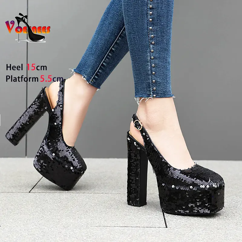 Square Toe Platform Party Shoes For Women Shiny Sequin 15CM Block Heels 2024 Summer Stage Lace up High Heels Nightclub Sandals