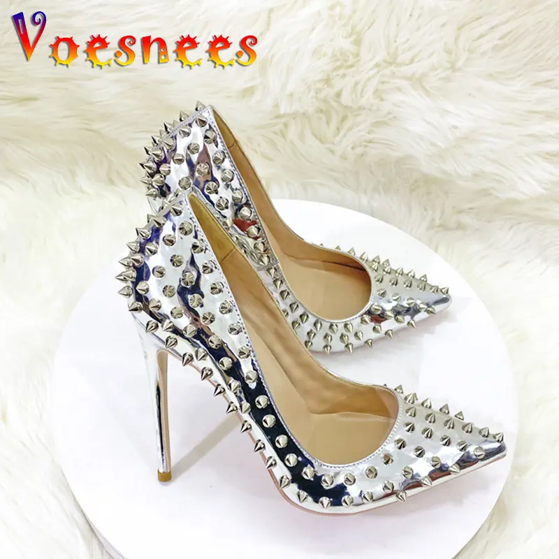 Women New Rivet High Heels 12CM Fashion Pointed Toe Party Single Shoes Europe And America Club Stage Pumps Silver Plus Size 43