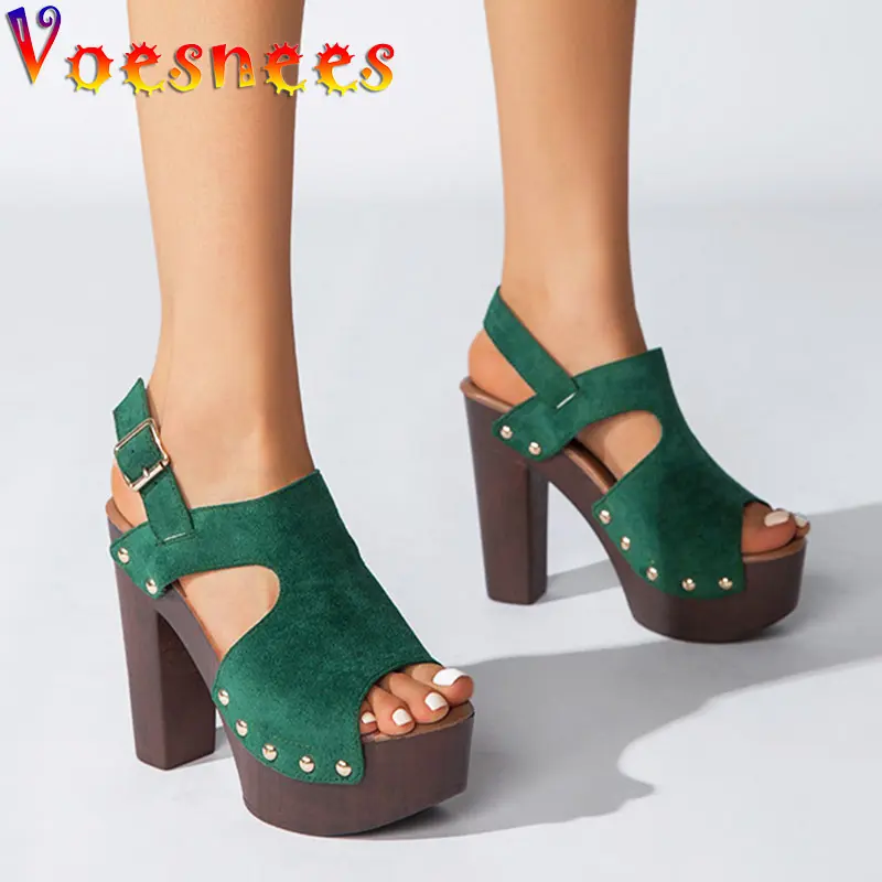 Plus Size Thick Heel Suede Sandals Women's Versatile Comfortable Platform High Heels Rome Style Newest Solid Color Rivet Shoes