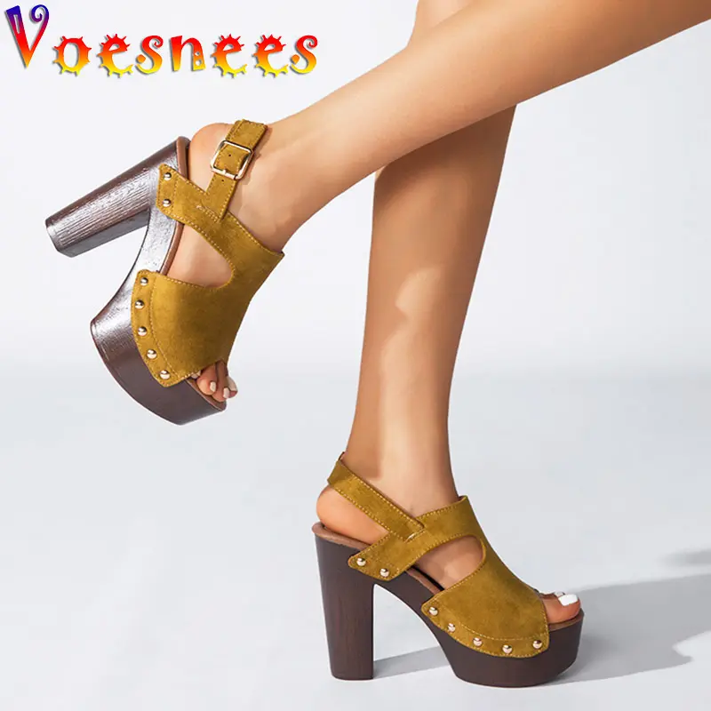 Plus Size Thick Heel Suede Sandals Women's Versatile Comfortable Platform High Heels Rome Style Newest Solid Color Rivet Shoes