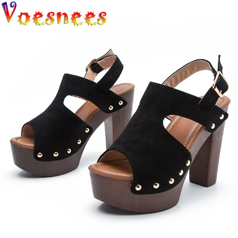 Plus Size Thick Heel Suede Sandals Women's Versatile Comfortable Platform High Heels Rome Style Newest Solid Color Rivet Shoes