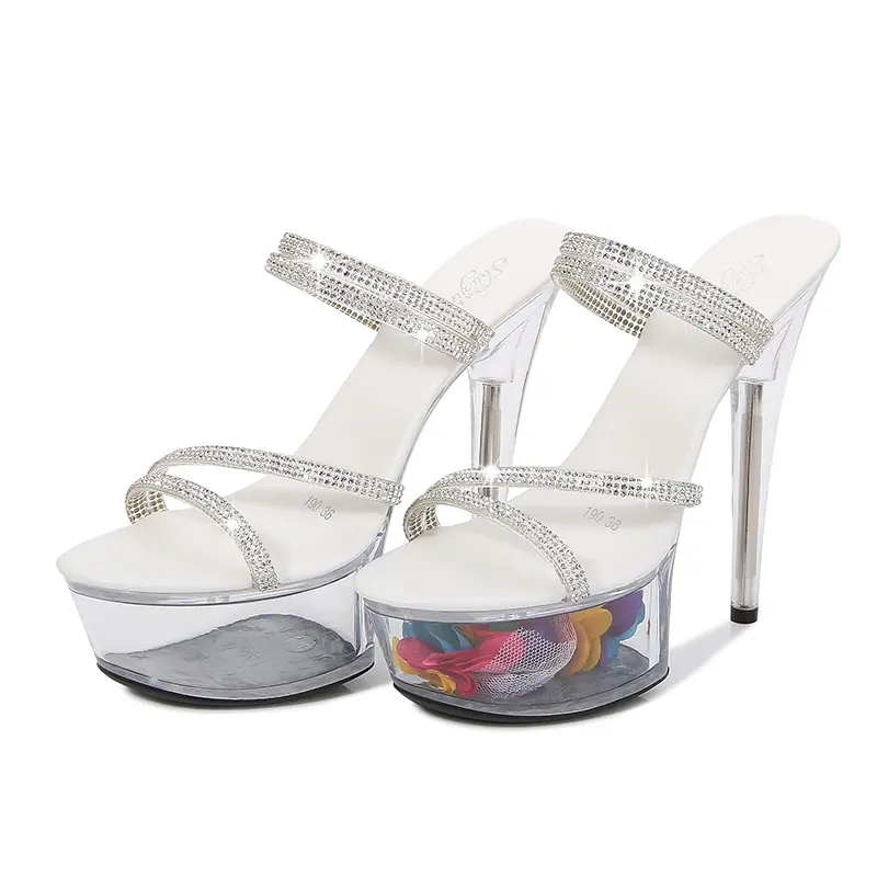 Crystal Sandals Rhinestone Glitter Cross Straps High Heels Women's Shoes 15cm Transparent Petal Heel Sexy Catwalk Slippers Woman