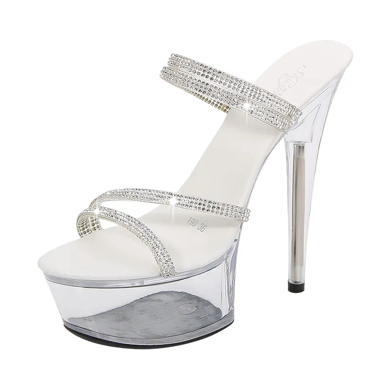 Crystal Sandals Rhinestone Glitter Cross Straps High Heels Women's Shoes 15cm Transparent Petal Heel Sexy Catwalk Slippers Woman