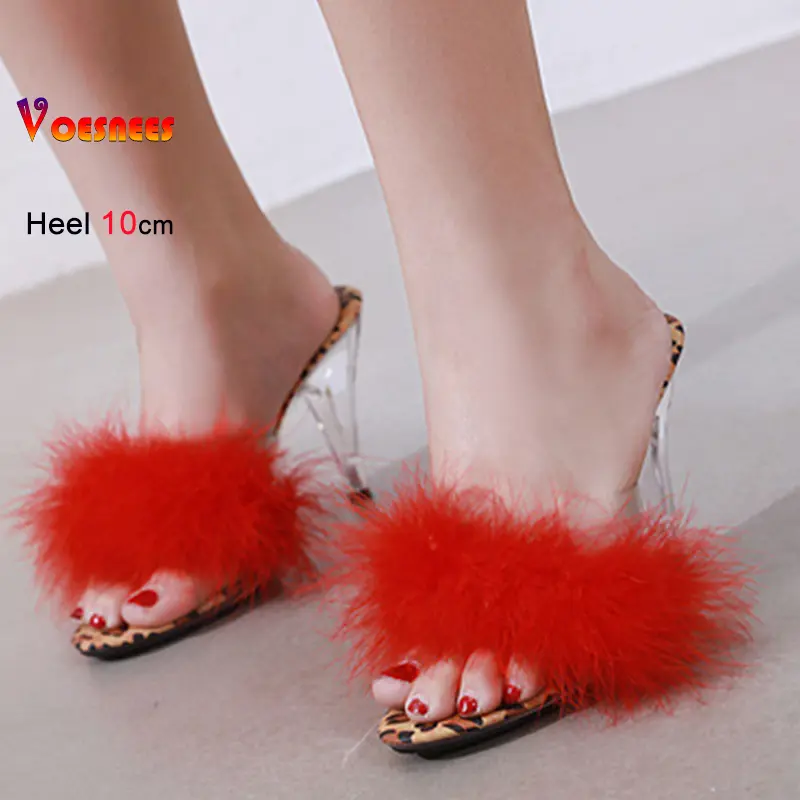 New Leopard Print Fur Women's Sandals High Heels Summer Transparent Slippers Ladies Feather Party High Heels Shoes Large Size 43