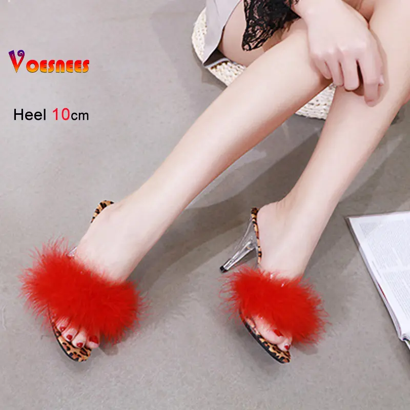 New Leopard Print Fur Women's Sandals High Heels Summer Transparent Slippers Ladies Feather Party High Heels Shoes Large Size 43
