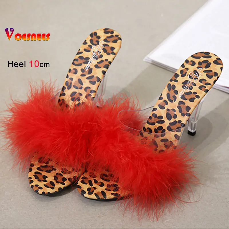 New Leopard Print Fur Women's Sandals High Heels Summer Transparent Slippers Ladies Feather Party High Heels Shoes Large Size 43