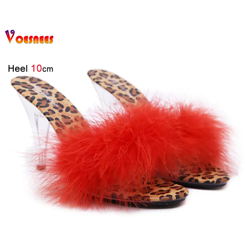 New Leopard Print Fur Women's Sandals High Heels Summer Transparent Slippers Ladies Feather Party High Heels Shoes Large Size 43