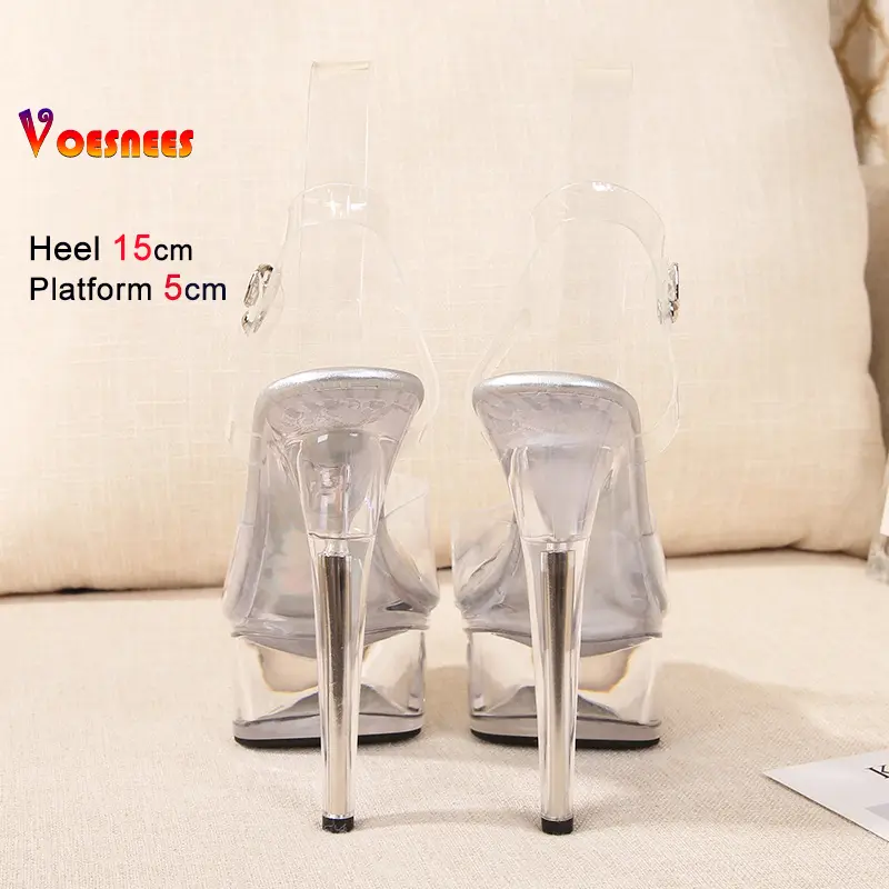 2025 Summer Transparent Slippers for Women 15cm High Heel Sexy Silver Stiletto Platform Model Sandals Female Pole Dance Shoes