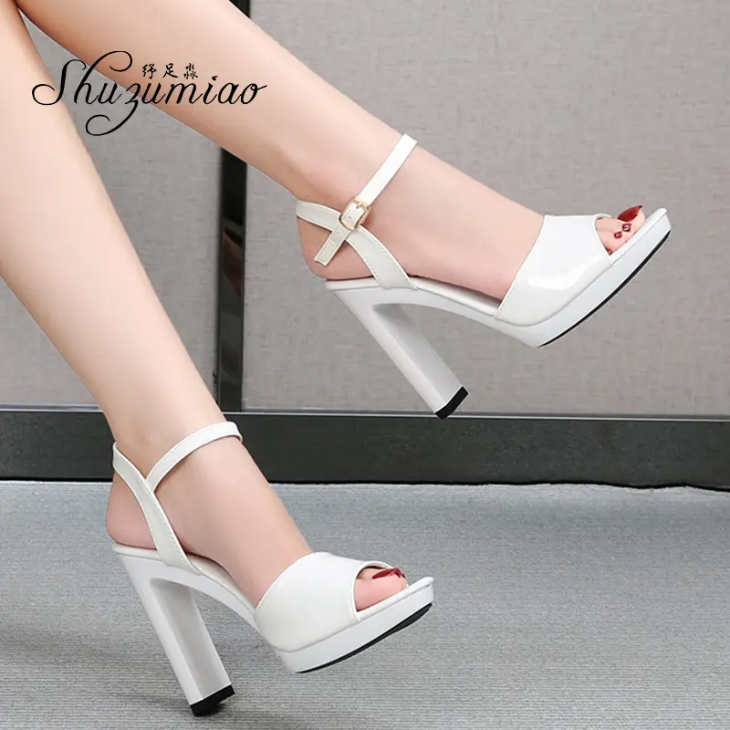 Shuzumiao Sandals Women 2020 Summer Fashion Patent Leather Women Shoes Solid Color Square Heel High Heels11cm Ladies Party Shoes
