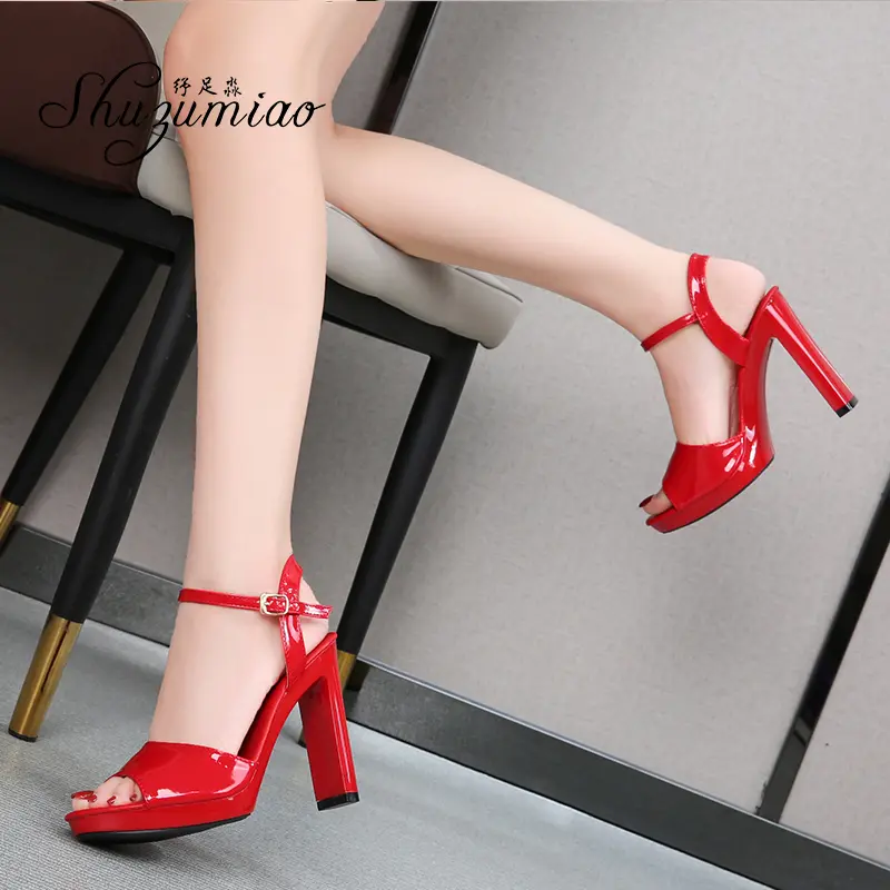 Shuzumiao Sandals Women 2020 Summer Fashion Patent Leather Women Shoes Solid Color Square Heel High Heels11cm Ladies Party Shoes