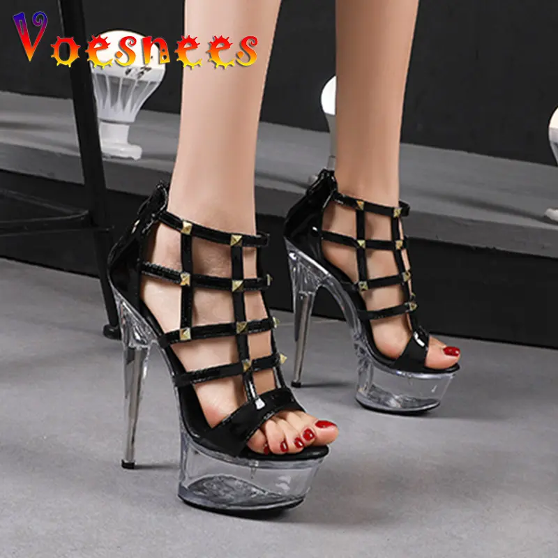 2022 Summer 14.5CM Transparent Platform Sandals Women High Heels Rivet Strap Nightclub Sexy Hollow Out Shoes Model Catwalk Shoes
