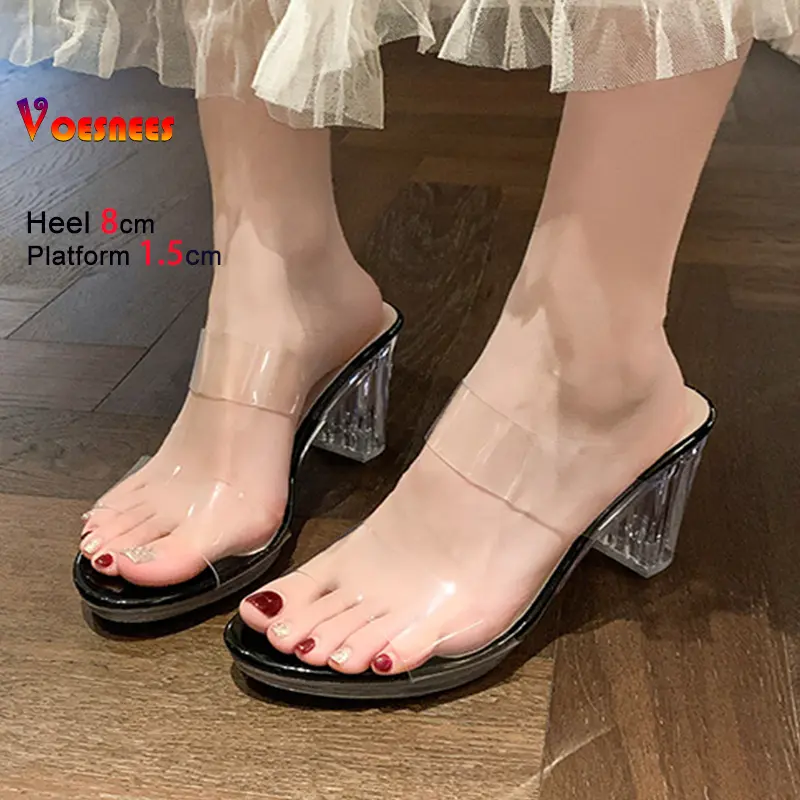 Summer Slippers For Ladies Transparent PVC Outdoor 8CM Crystal Clear Heels Mules Fashion Women Party Slip-on Shoes Sexy Sandals