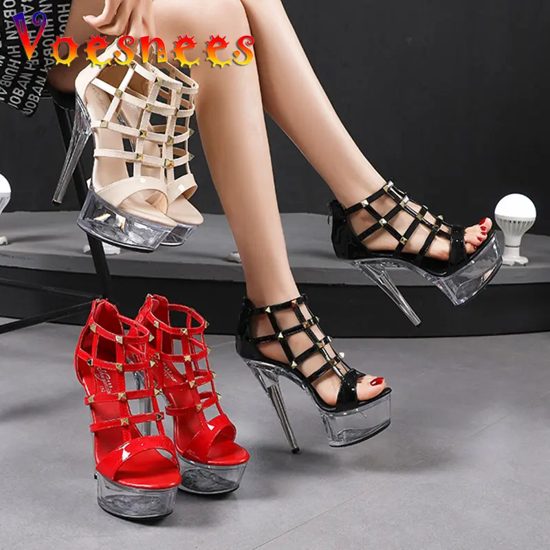 2022 Summer 14.5CM Transparent Platform Sandals Women High Heels Rivet Strap Nightclub Sexy Hollow Out Shoes Model Catwalk Shoes