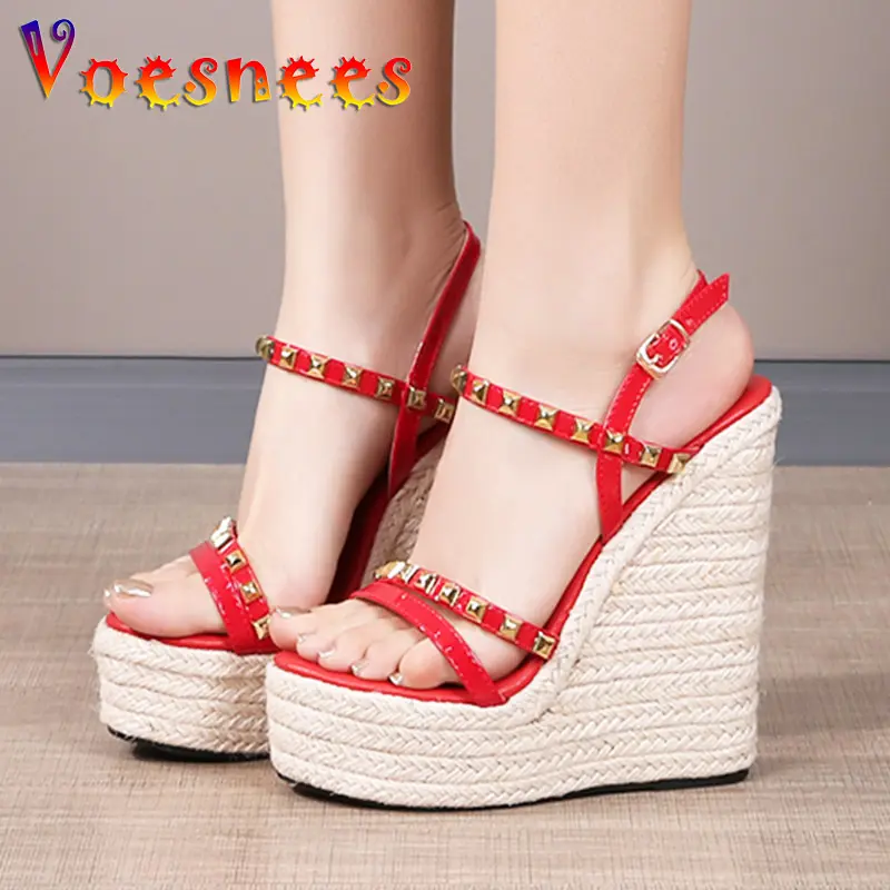 2023 New Platform Female Shoes Straw Rope Weaving Fashion Sandals Women Comfortable Wedges High Heels Summer Rivets Party Pumps
