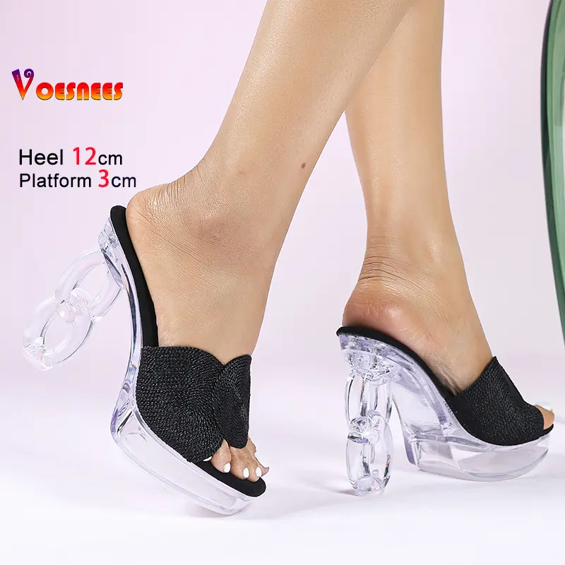Transparent Crystal sole Summer High Heel Slippers For Ladies Strange style 12CM Platform Sandals Square Toe Slip-on Women Shoes