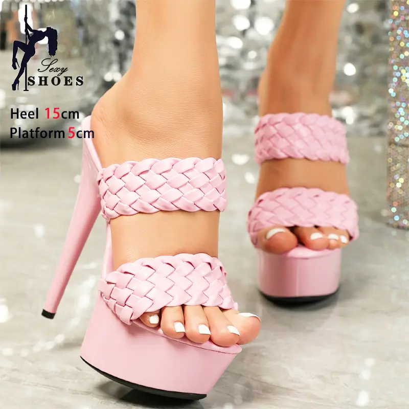 Women High Heels Slippers Runway Style Summer Roman Sandals 5CM Platform Slides Thin Heels 15CM Fashion Weave Shoes For Ladies